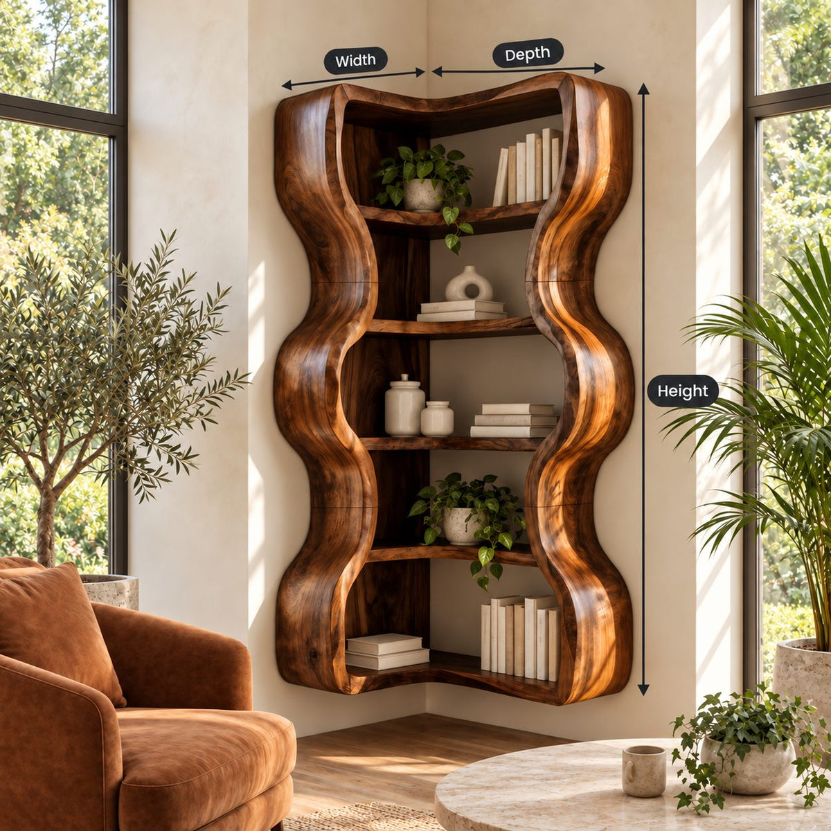 Corner Bookshelf with Thick Wavy Sides, Wall Mounted Sculptural Wooden Bookcase for Living Room