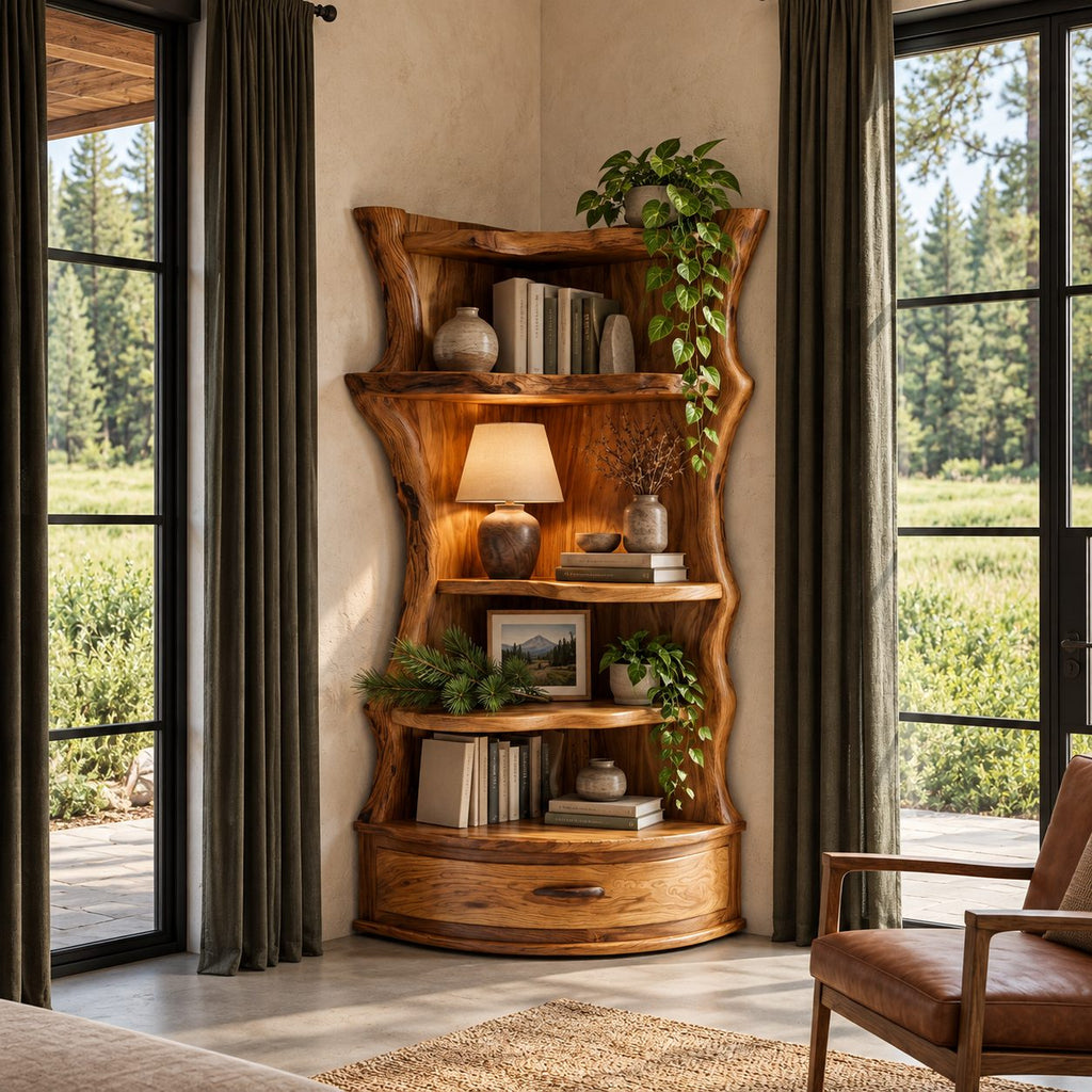 Corner Bookshelf Unit with Live Edge Sides and Curved Drawer Base, Rustic Tall Wood Bookcase
