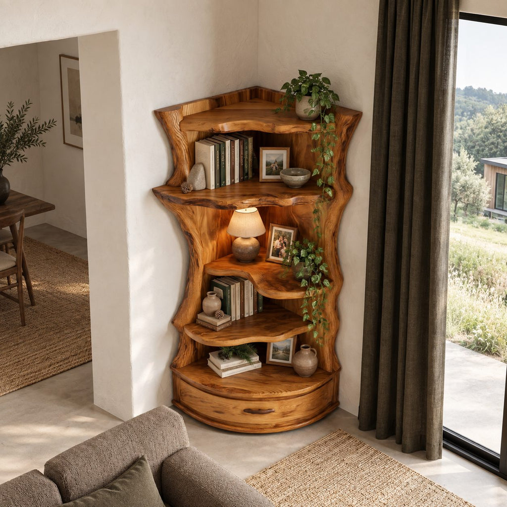 Corner Bookshelf Unit with Live Edge Sides and Curved Drawer Base, Rustic Tall Wood Bookcase