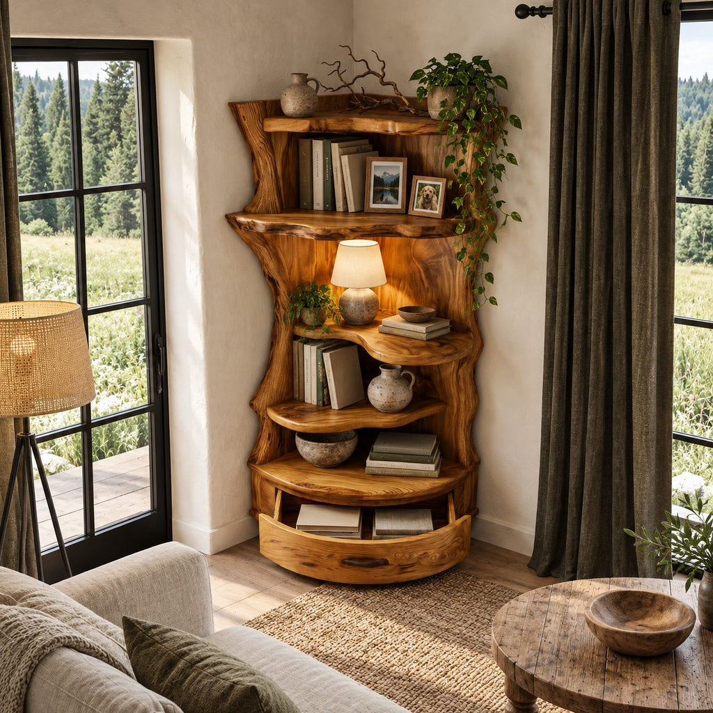 Corner Bookshelf Unit with Live Edge Sides and Curved Drawer Base, Rustic Tall Wood Bookcase