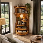 Corner Bookshelf Unit with Live Edge Sides and Curved Drawer Base, Rustic Tall Wood Bookcase