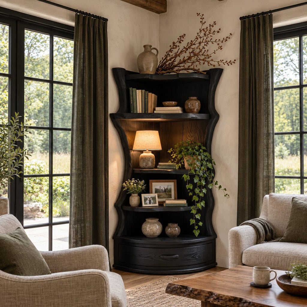 Corner Bookshelf Unit with Live Edge Sides and Curved Drawer Base, Rustic Tall Wood Bookcase