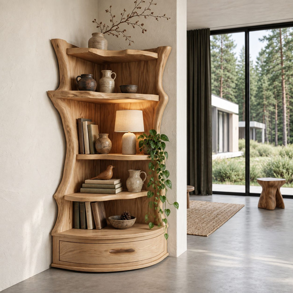 Corner Bookshelf Unit with Live Edge Sides and Curved Drawer Base, Rustic Tall Wood Bookcase