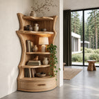 Corner Bookshelf Unit with Live Edge Sides and Curved Drawer Base, Rustic Tall Wood Bookcase