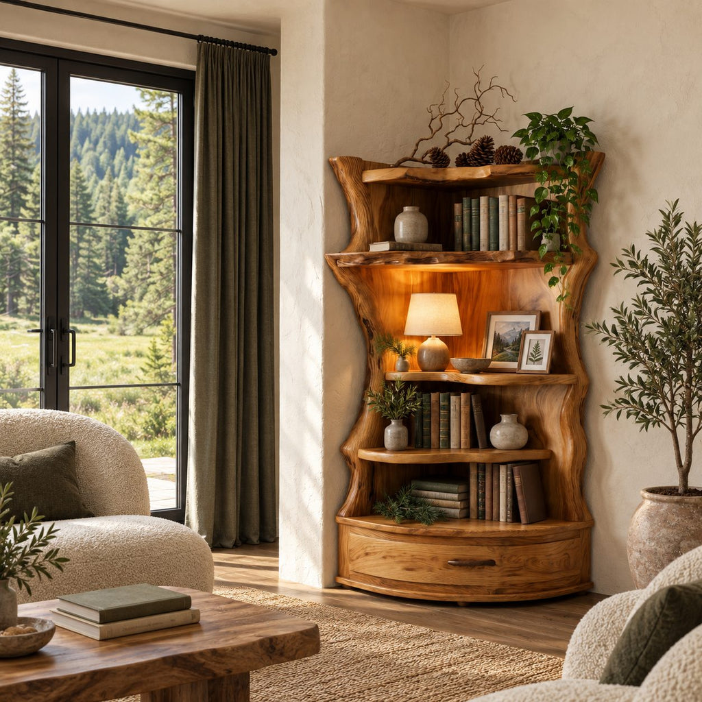 Corner Bookshelf Unit with Live Edge Sides and Curved Drawer Base, Rustic Tall Wood Bookcase