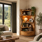 Corner Bookshelf Unit with Live Edge Sides and Curved Drawer Base, Rustic Tall Wood Bookcase