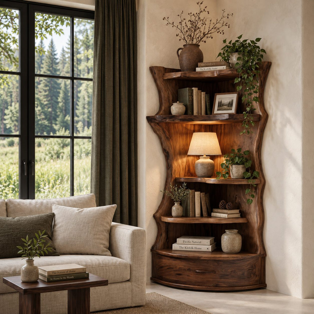 Corner Bookshelf Unit with Live Edge Sides and Curved Drawer Base, Rustic Tall Wood Bookcase