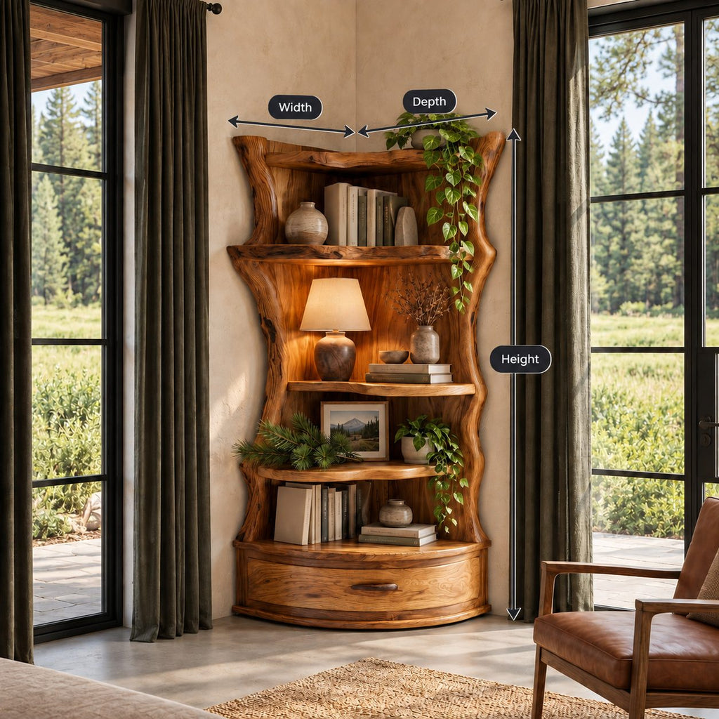 Corner Bookshelf Unit with Live Edge Sides and Curved Drawer Base, Rustic Tall Wood Bookcase
