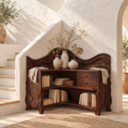 Corner Bookshelf with Carved Wave Crest, Drawers and Sculpted Legs, Rustic Wooden Bookcase