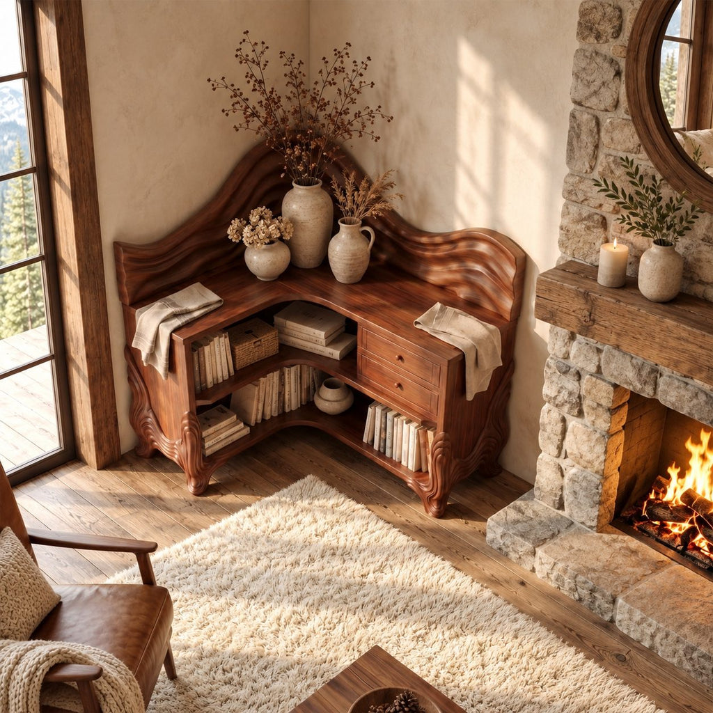 Corner Bookshelf with Carved Wave Crest, Drawers and Sculpted Legs, Rustic Wooden Bookcase