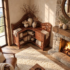 Corner Bookshelf with Carved Wave Crest, Drawers and Sculpted Legs, Rustic Wooden Bookcase