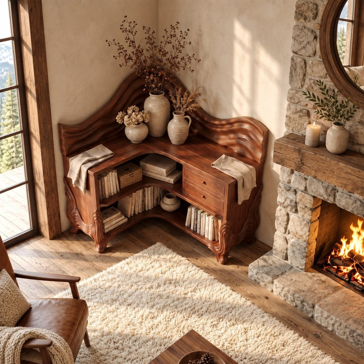 Corner Bookshelf with Carved Wave Crest, Drawers and Sculpted Legs, Rustic Wooden Bookcase