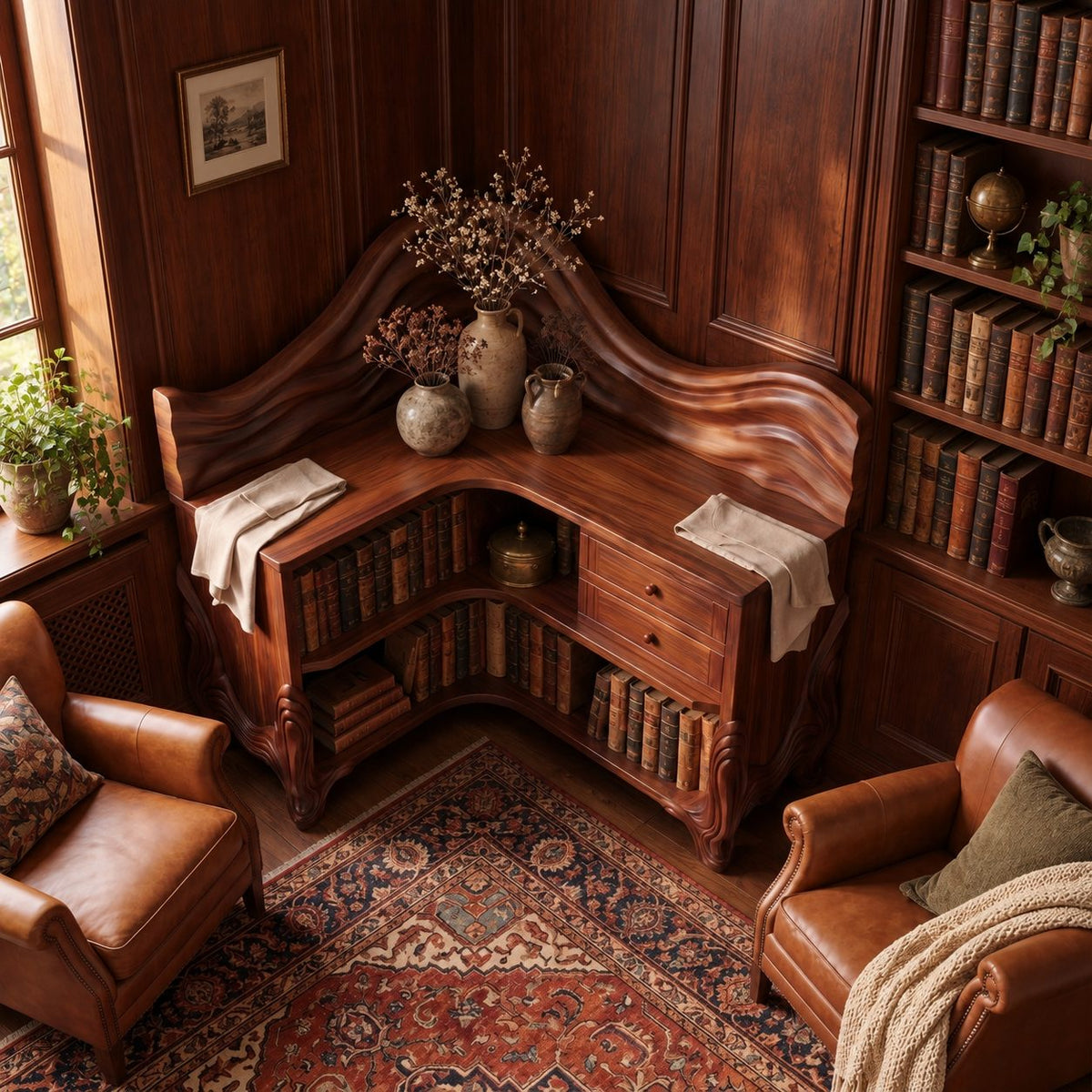 Corner Bookshelf with Carved Wave Crest, Drawers and Sculpted Legs, Rustic Wooden Bookcase