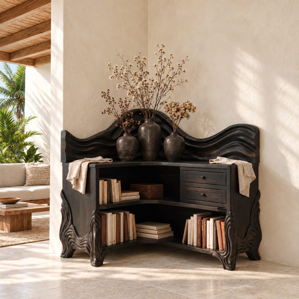 Corner Bookshelf with Carved Wave Crest, Drawers and Sculpted Legs, Rustic Wooden Bookcase
