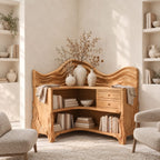 Corner Bookshelf with Carved Wave Crest, Drawers and Sculpted Legs, Rustic Wooden Bookcase