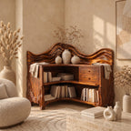 Corner Bookshelf with Carved Wave Crest, Drawers and Sculpted Legs, Rustic Wooden Bookcase