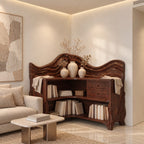 Corner Bookshelf with Carved Wave Crest, Drawers and Sculpted Legs, Rustic Wooden Bookcase