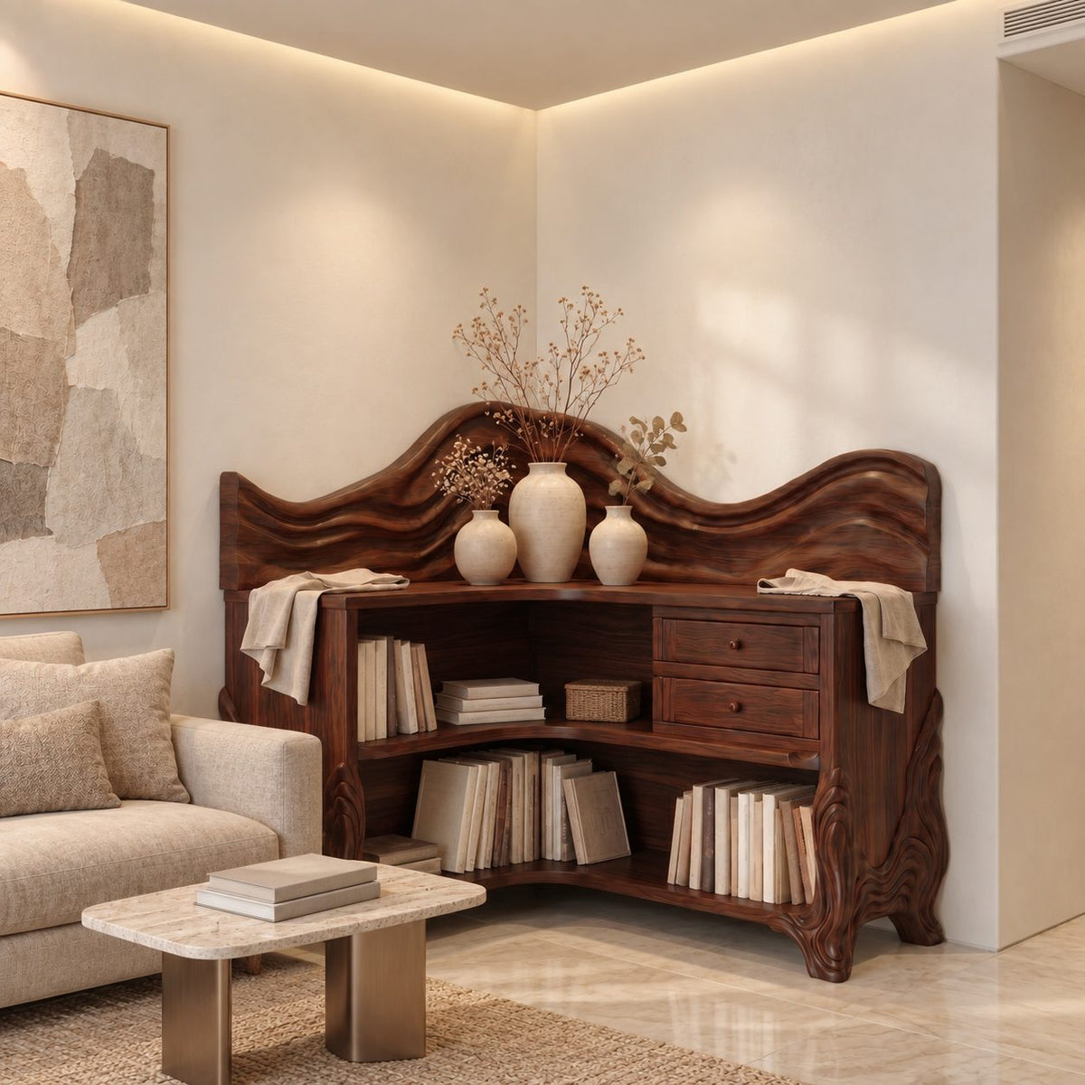 Corner Bookshelf with Carved Wave Crest, Drawers and Sculpted Legs, Rustic Wooden Bookcase