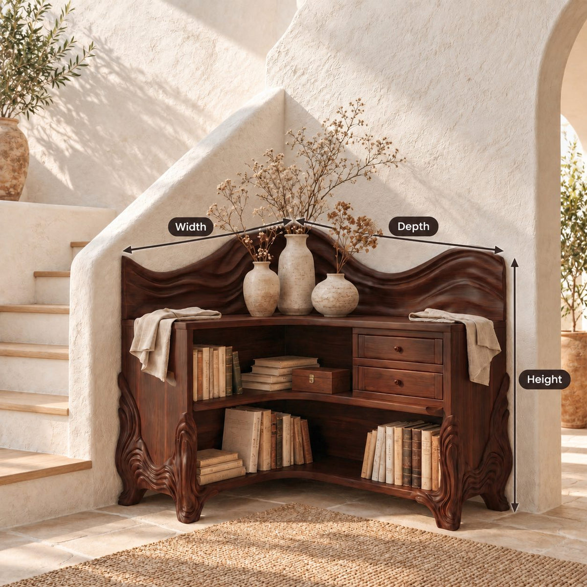 Corner Bookshelf with Carved Wave Crest, Drawers and Sculpted Legs, Rustic Wooden Bookcase