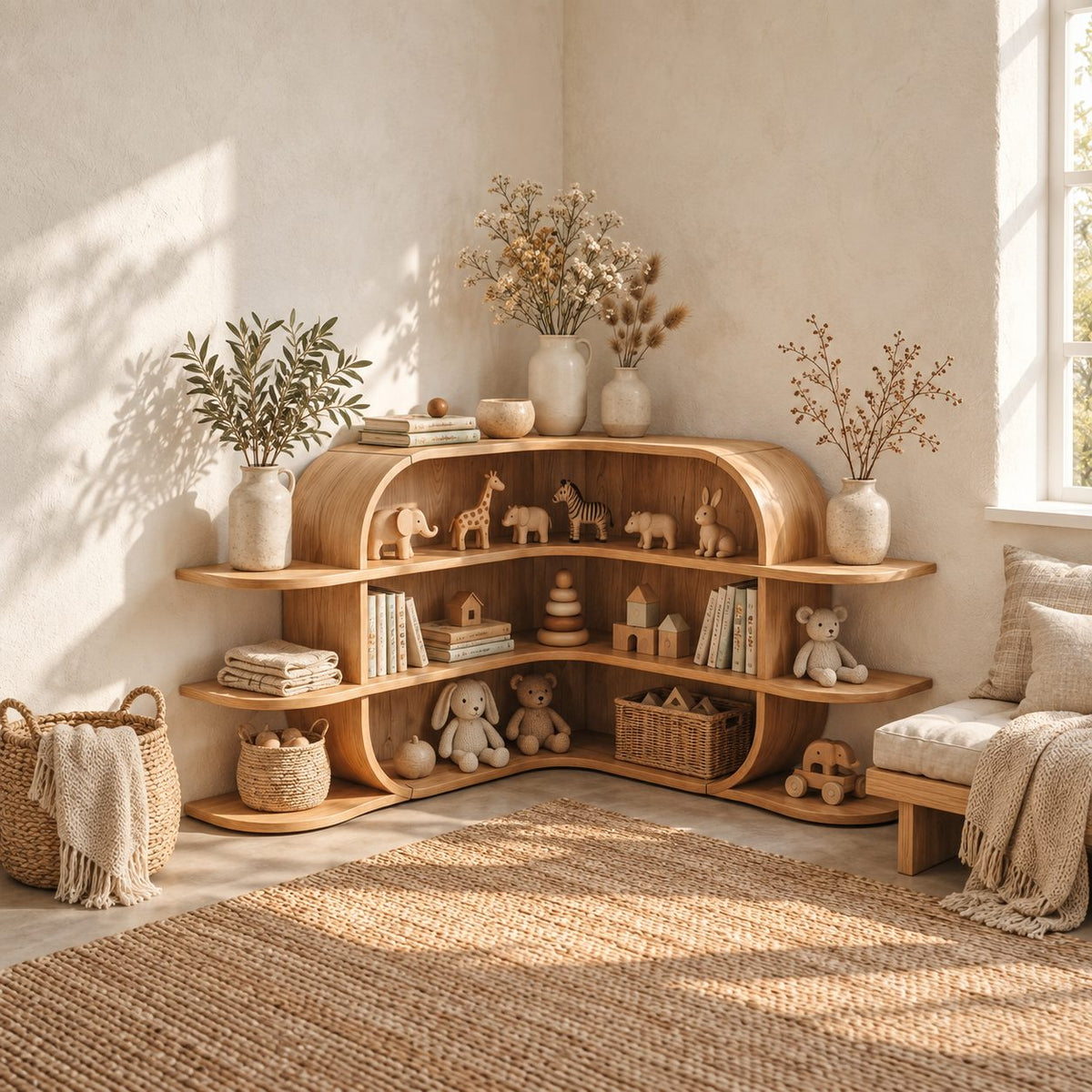 Corner Bookshelf with Arched Canopy Top and Side Wing Shelves, Low Wooden Display for Nursery