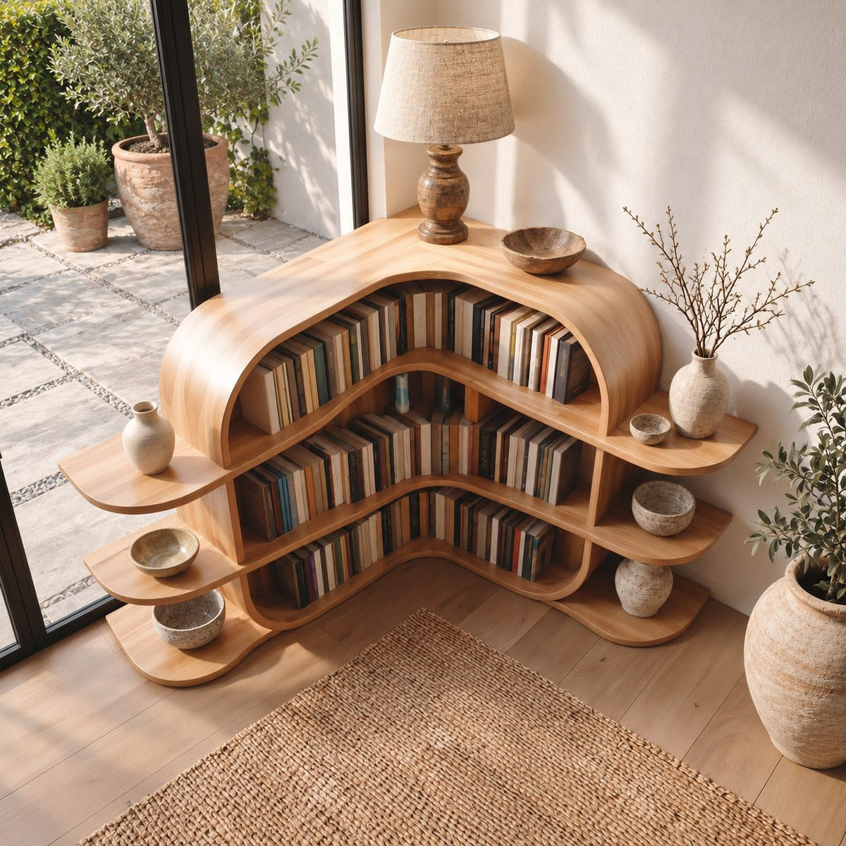 Corner Bookshelf with Arched Canopy Top and Side Wing Shelves, Low Wooden Display for Nursery
