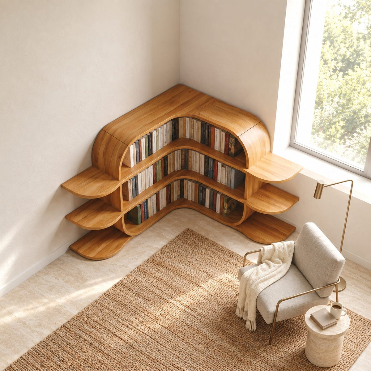 Corner Bookshelf with Arched Canopy Top and Side Wing Shelves, Low Wooden Display for Nursery