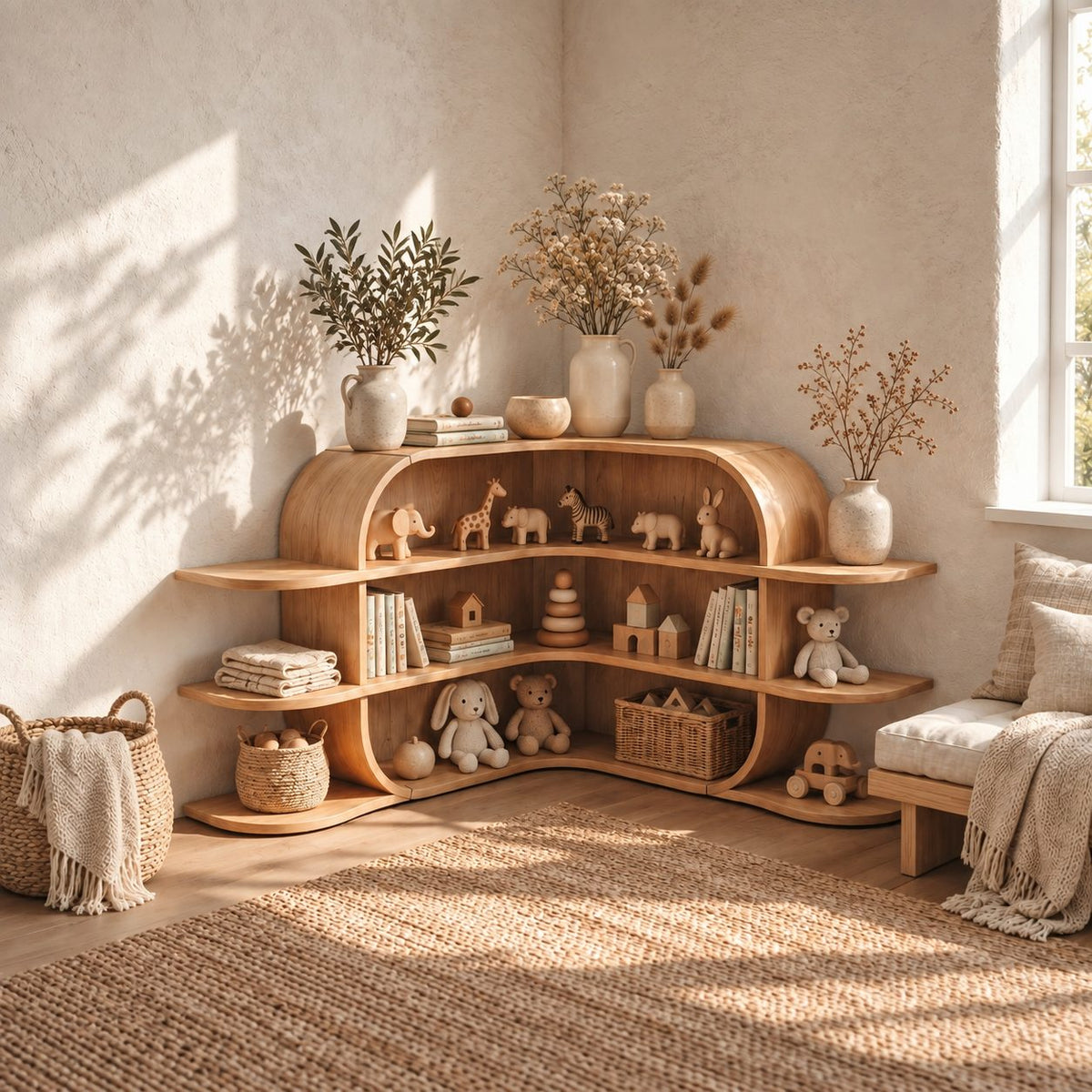 Corner Bookshelf with Arched Canopy Top and Side Wing Shelves, Low Wooden Display for Nursery