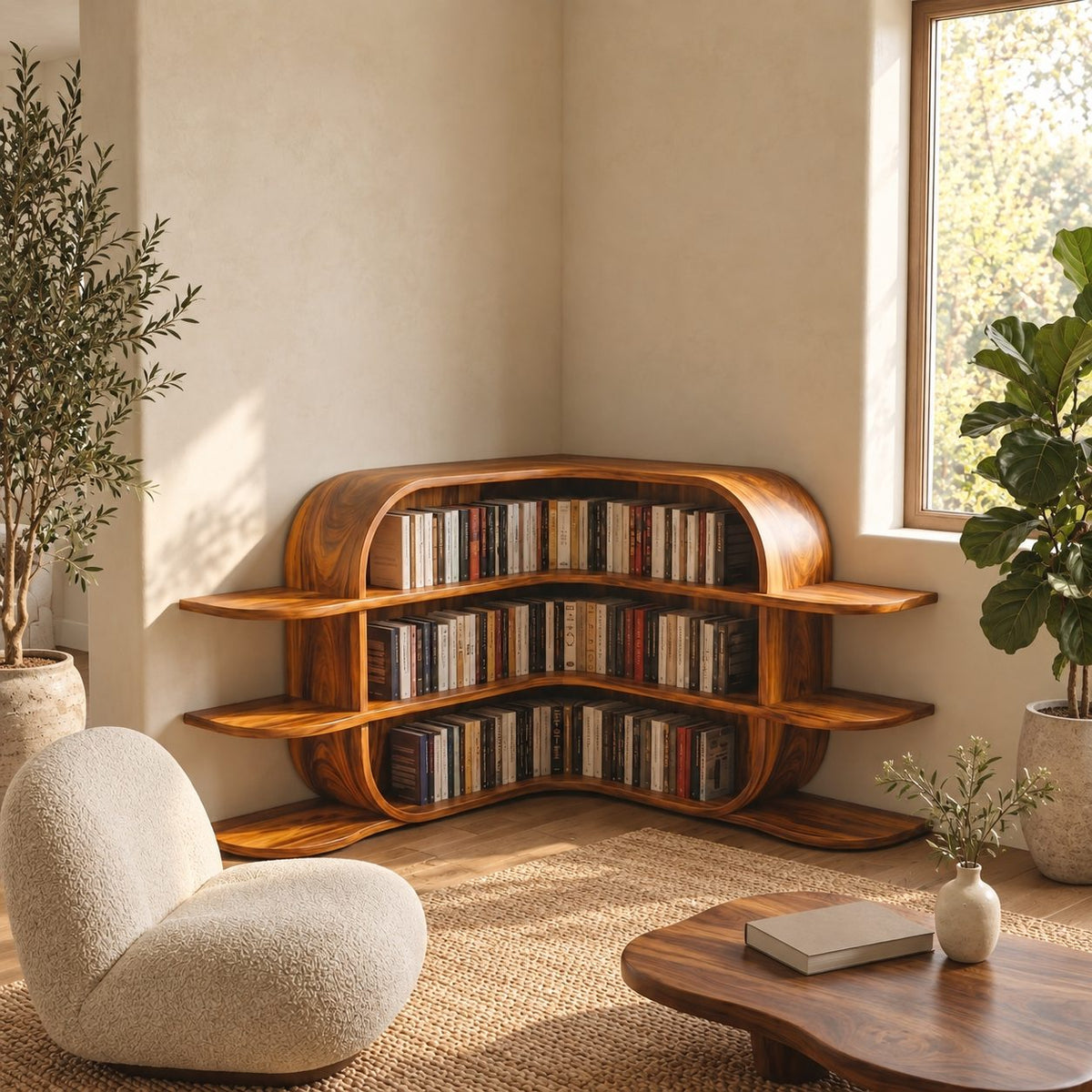 Corner Bookshelf with Arched Canopy Top and Side Wing Shelves, Low Wooden Display for Nursery