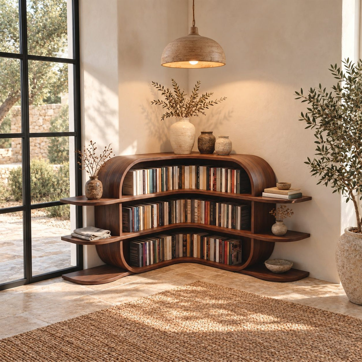 Corner Bookshelf with Arched Canopy Top and Side Wing Shelves, Low Wooden Display for Nursery
