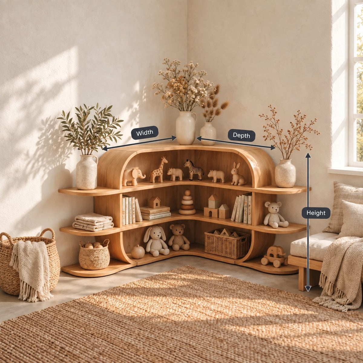 Corner Bookshelf with Arched Canopy Top and Side Wing Shelves, Low Wooden Display for Nursery