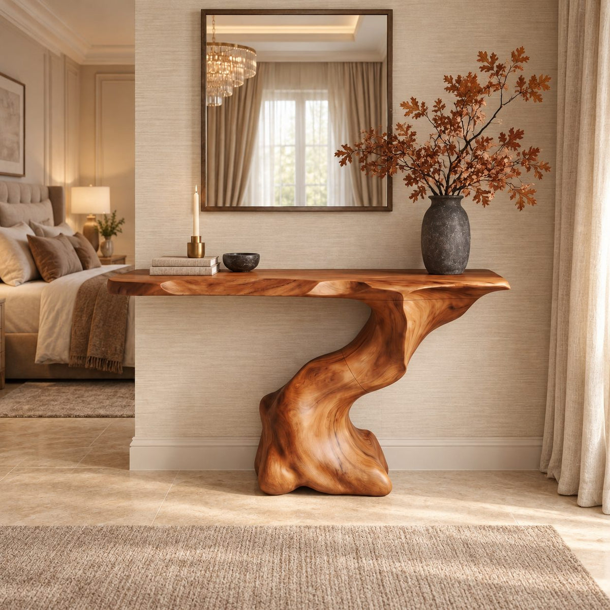 Sculptural Console Table with Carved Organic Pedestal, Live Edge Entryway Table for Foyer