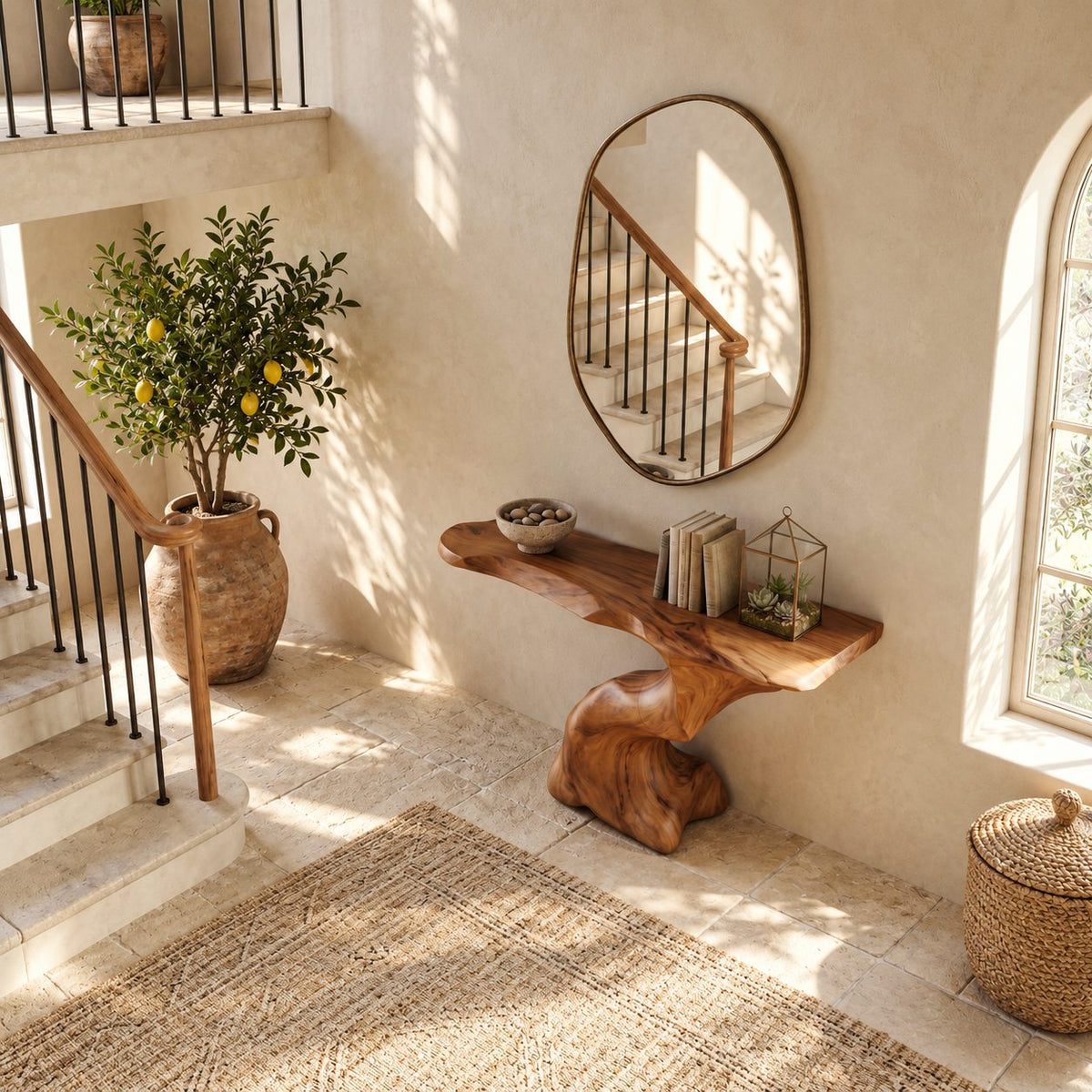 Sculptural Console Table with Carved Organic Pedestal, Live Edge Entryway Table for Foyer