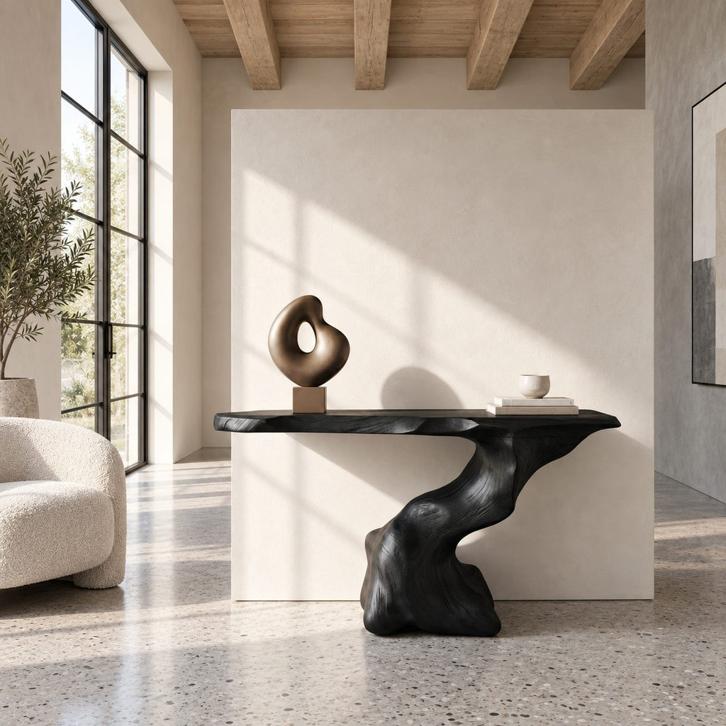 Sculptural Console Table with Carved Organic Pedestal, Live Edge Entryway Table for Foyer
