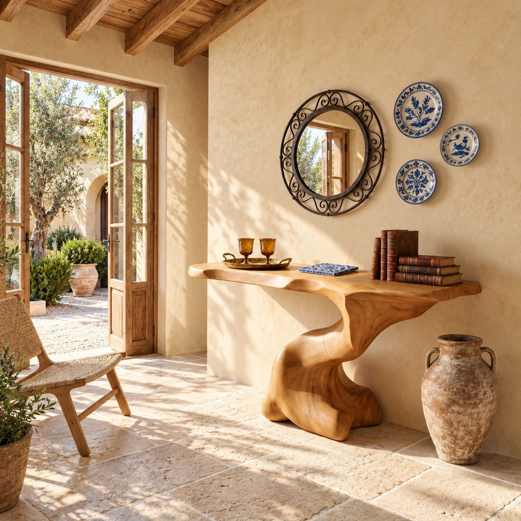 Sculptural Console Table with Carved Organic Pedestal, Live Edge Entryway Table for Foyer