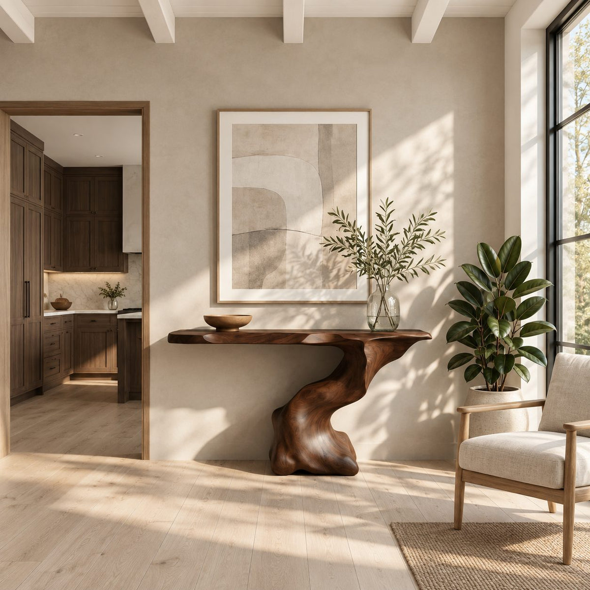 Sculptural Console Table with Carved Organic Pedestal, Live Edge Entryway Table for Foyer