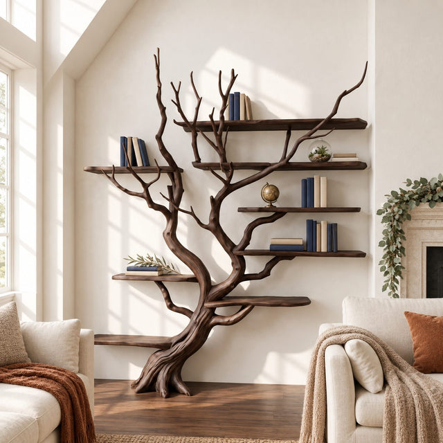 Driftwood Wall Tree Bookshelf With Bare Branch Shelves For Living Room