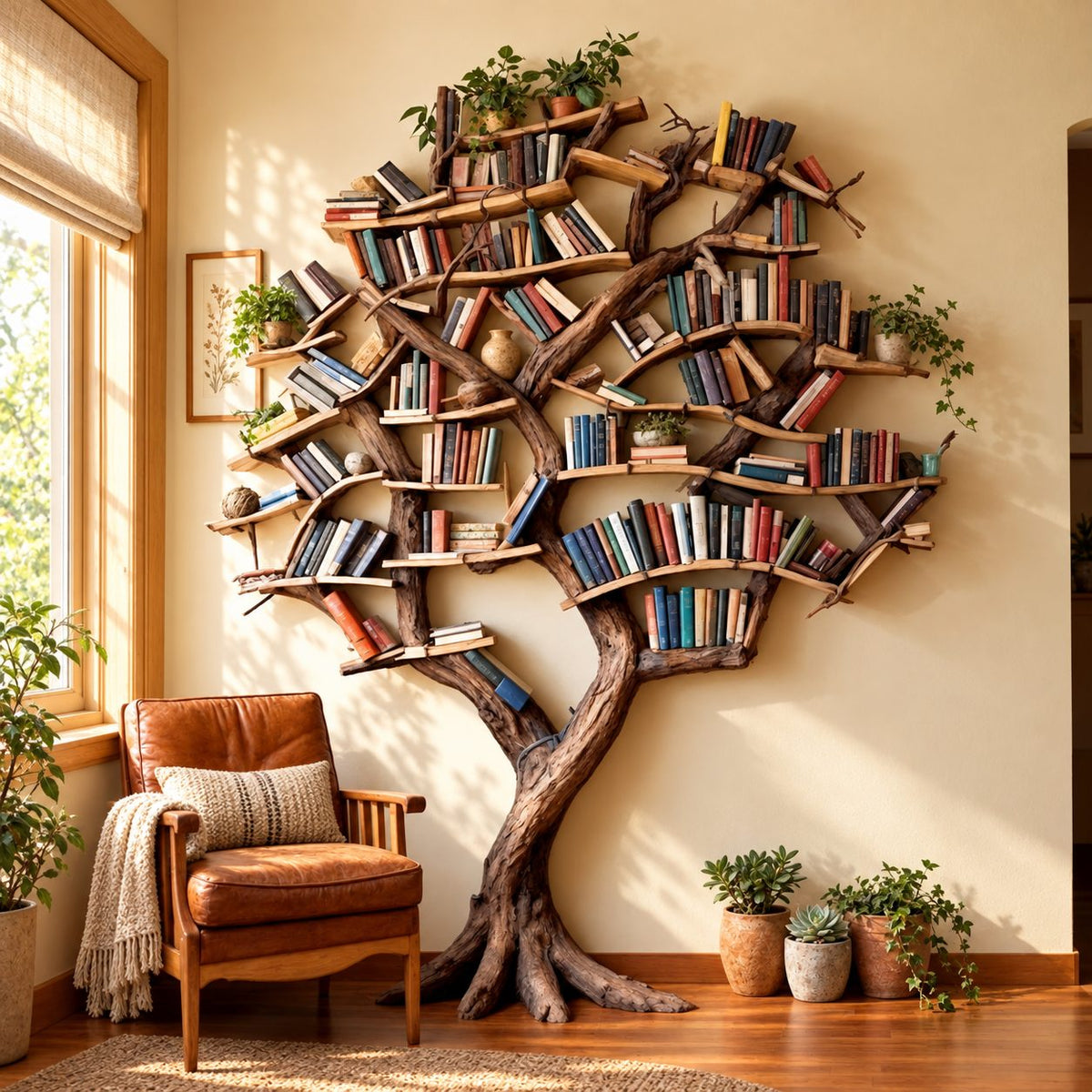 Tree Bookshelf Packed with Angled Branch Shelves, Full Crown Library Wall with Sculpted Roots