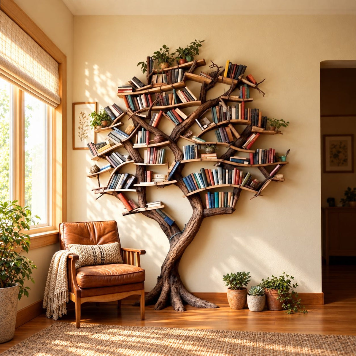 Tree Bookshelf Packed with Angled Branch Shelves, Full Crown Library Wall with Sculpted Roots