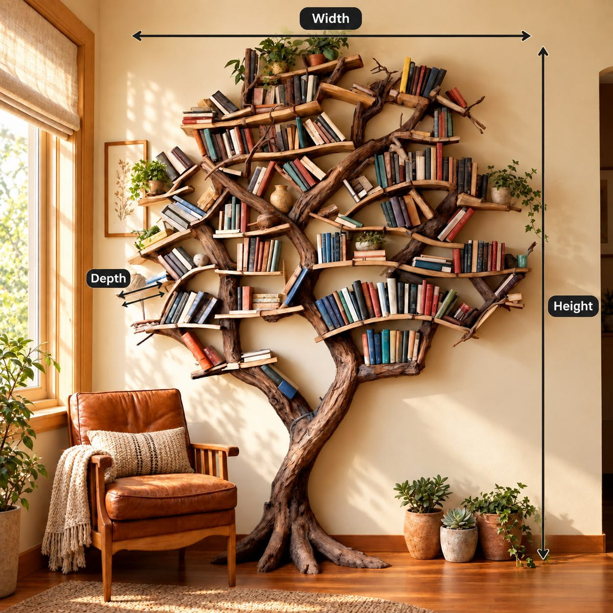 Tree Bookshelf Packed with Angled Branch Shelves, Full Crown Library Wall with Sculpted Roots