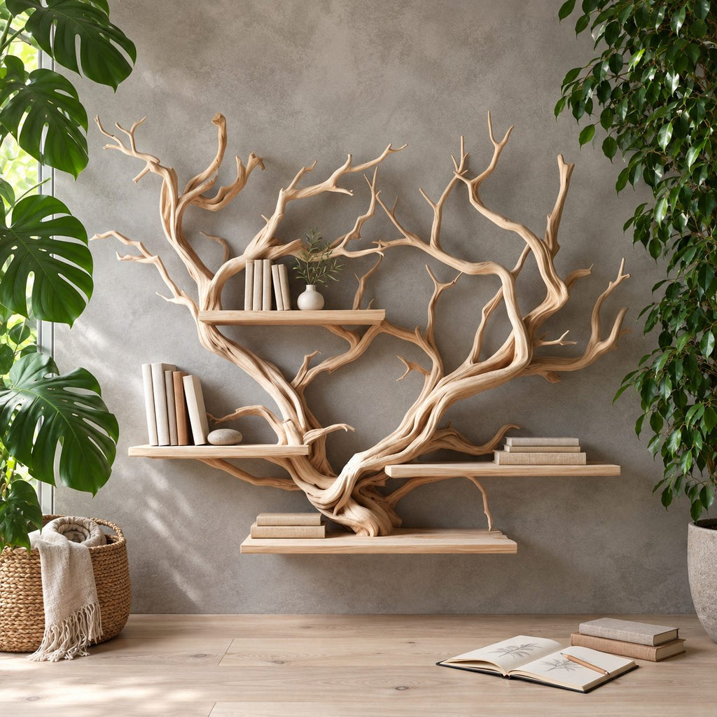 Floating Tree Branch Shelf with Heart Shaped Driftwood Crown, Wall Mounted Branch Bookshelf