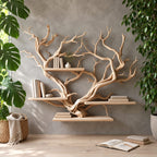 Floating Tree Branch Shelf with Heart Shaped Driftwood Crown, Wall Mounted Branch Bookshelf