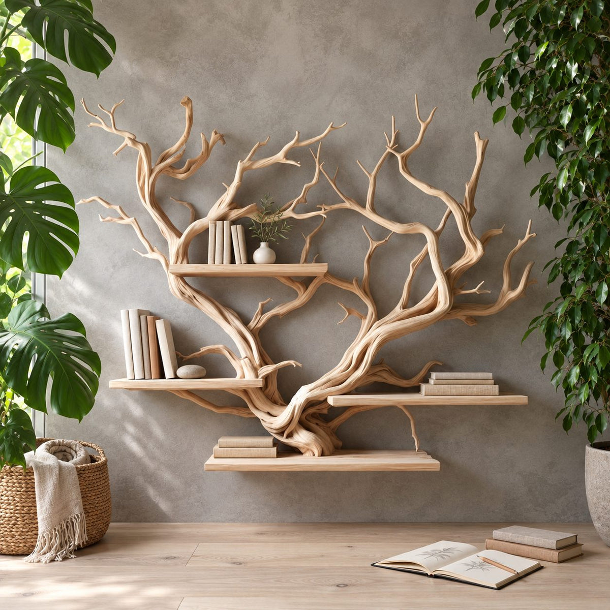 Floating Tree Branch Shelf with Heart Shaped Driftwood Crown, Wall Mounted Branch Bookshelf