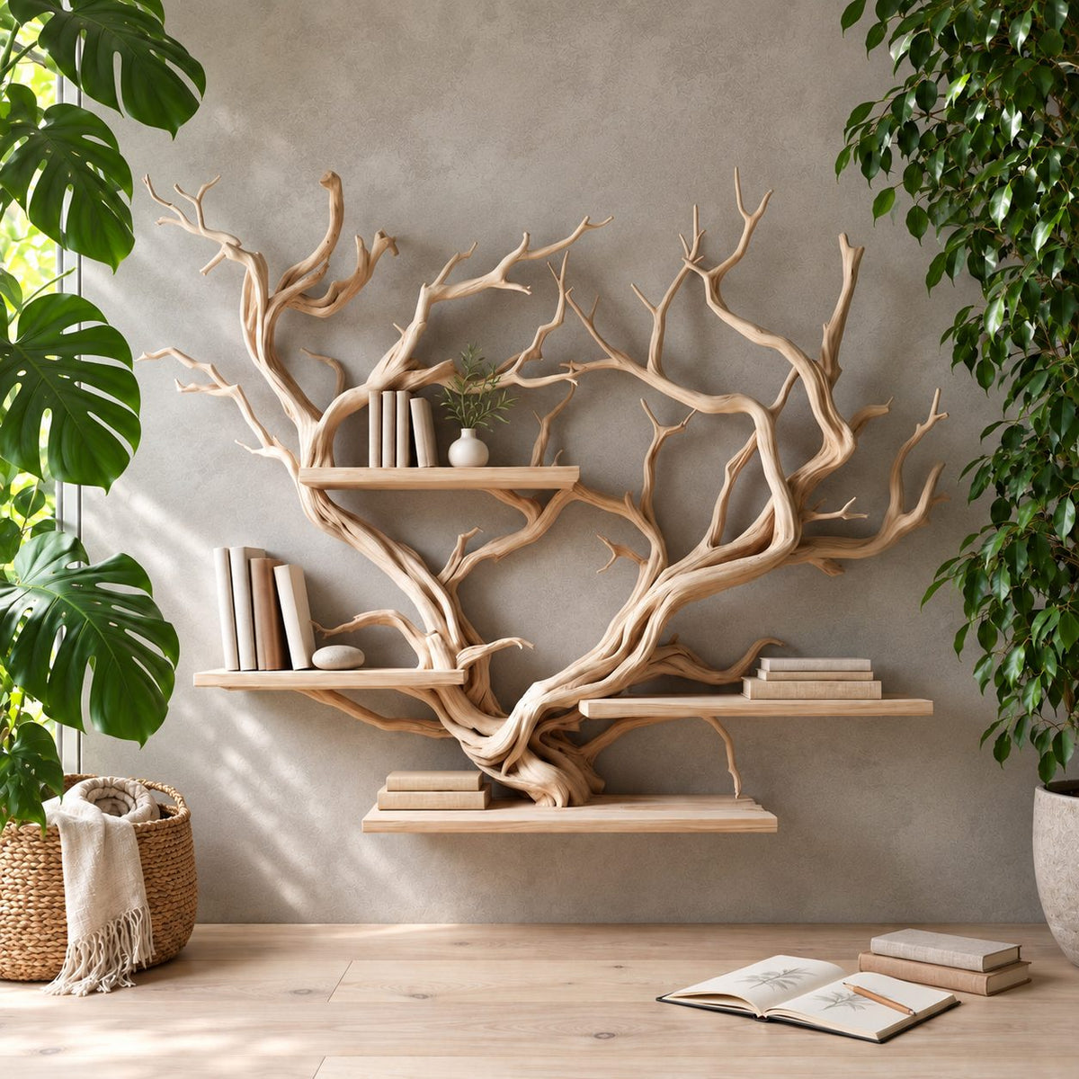 Floating Tree Branch Shelf with Heart Shaped Driftwood Crown, Wall Mounted Branch Bookshelf