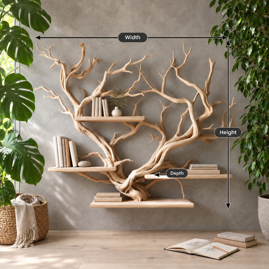 Floating Tree Branch Shelf with Heart Shaped Driftwood Crown, Wall Mounted Branch Bookshelf