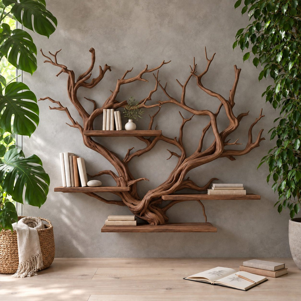 Floating Tree Branch Shelf with Heart Shaped Driftwood Crown, Wall Mounted Branch Bookshelf