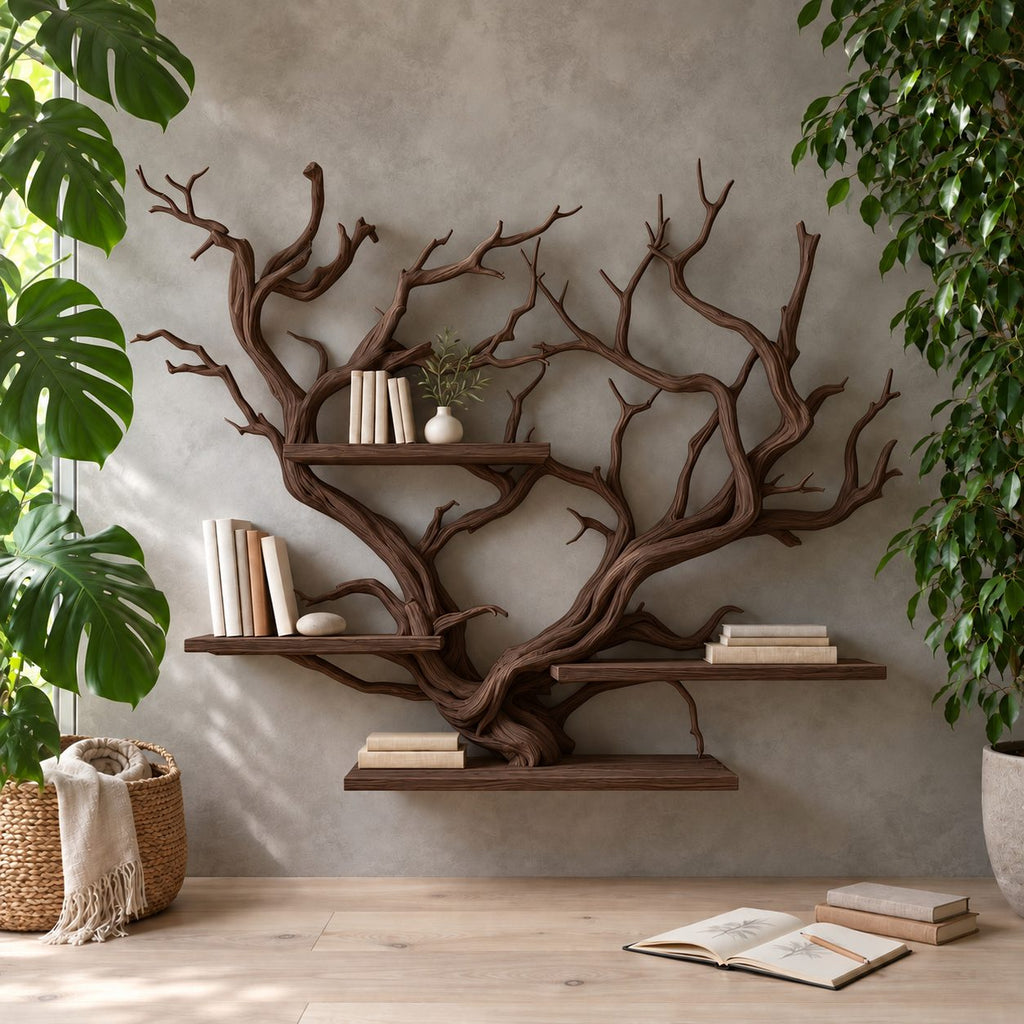 Floating Tree Branch Shelf with Heart Shaped Driftwood Crown, Wall Mounted Branch Bookshelf