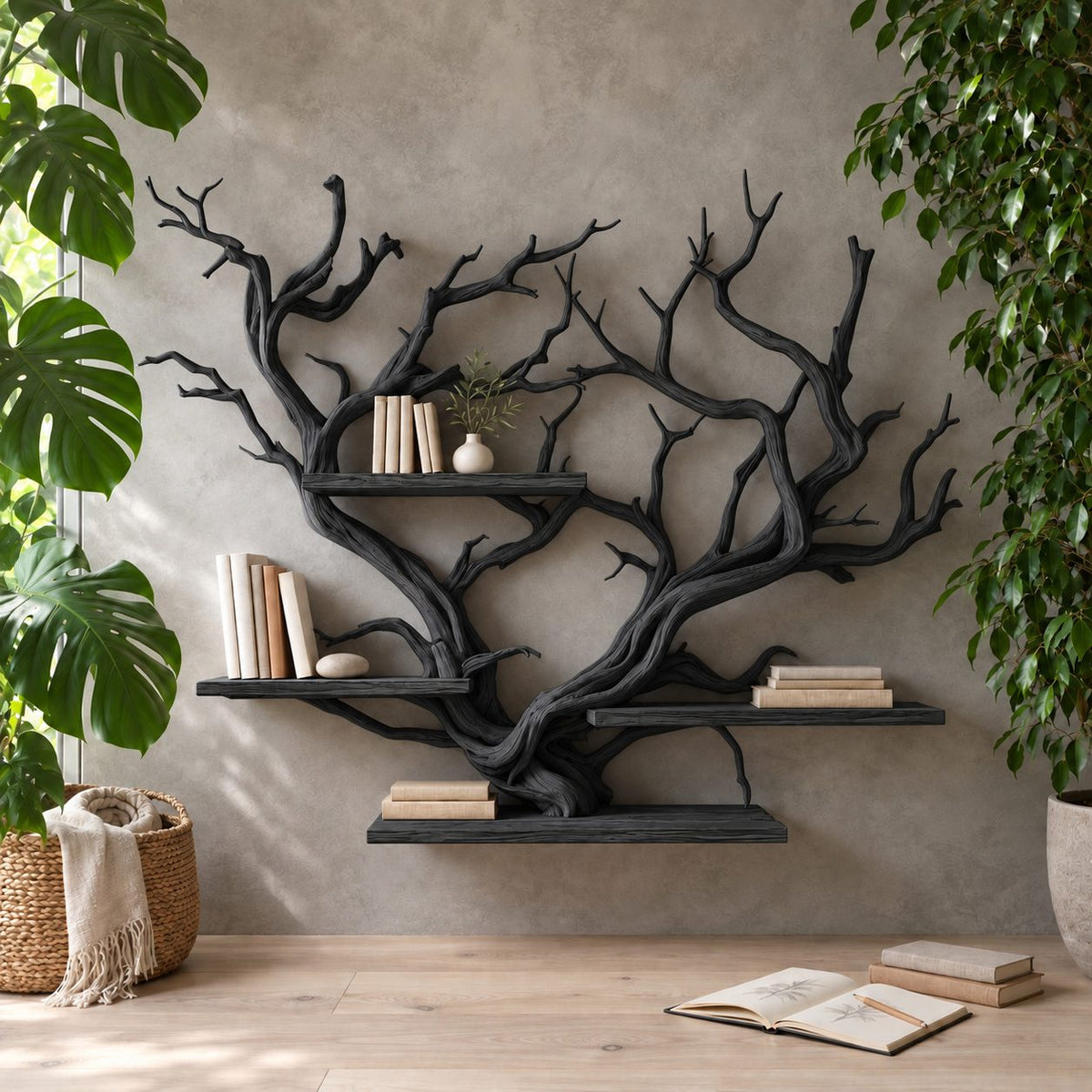 Floating Tree Branch Shelf with Heart Shaped Driftwood Crown, Wall Mounted Branch Bookshelf