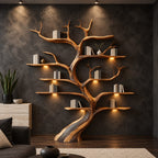 Tree Bookshelf with Flowing Twisted Trunk and Short Curved Shelves, Sculptural Wall Bookcase