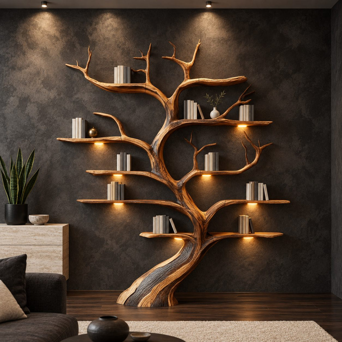 Tree Bookshelf with Flowing Twisted Trunk and Short Curved Shelves, Sculptural Wall Bookcase