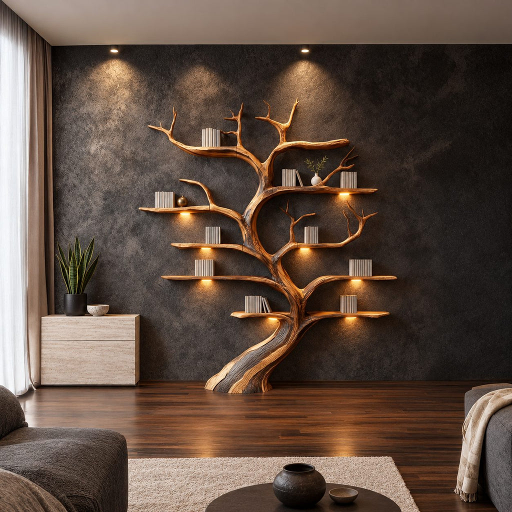 Tree Bookshelf with Flowing Twisted Trunk and Short Curved Shelves, Sculptural Wall Bookcase